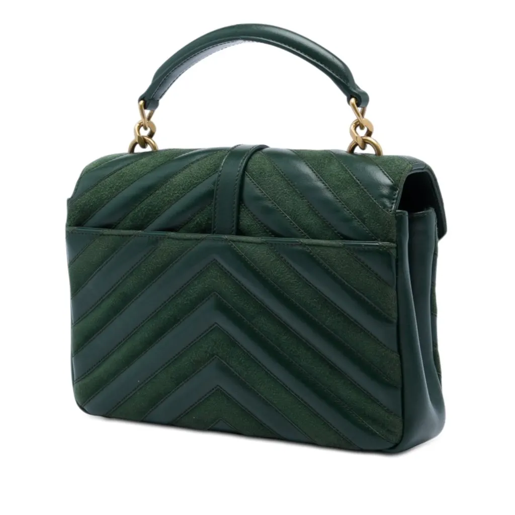 Saint Laurent Medium Chevron Calfskin and Suede Monogram College Satchel Green Leather Very good - Back View