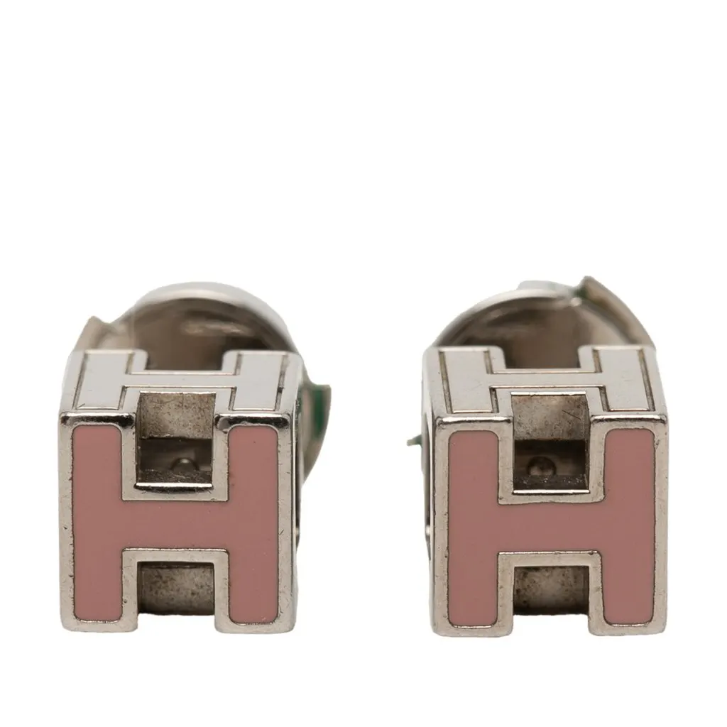 Hermès Palladium Plated Enamel Cage D H Push Back Earrings Pink Metal Very good - Front View