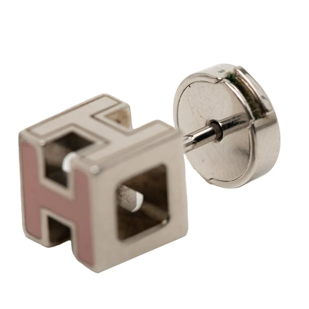 Hermès Palladium Plated Enamel Cage D H Push Back Earrings Pink Metal Very good - Inside View