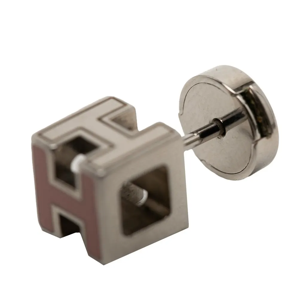 Hermès Palladium Plated Enamel Cage D H Push Back Earrings Pink Metal Very good - Model View