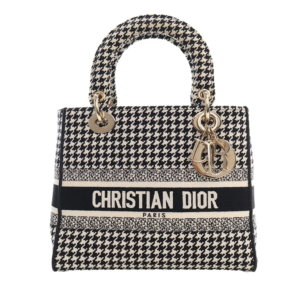 Dior Medium Embroidered Canvas Houndstooth Lady D Lite Black Very good - Front View