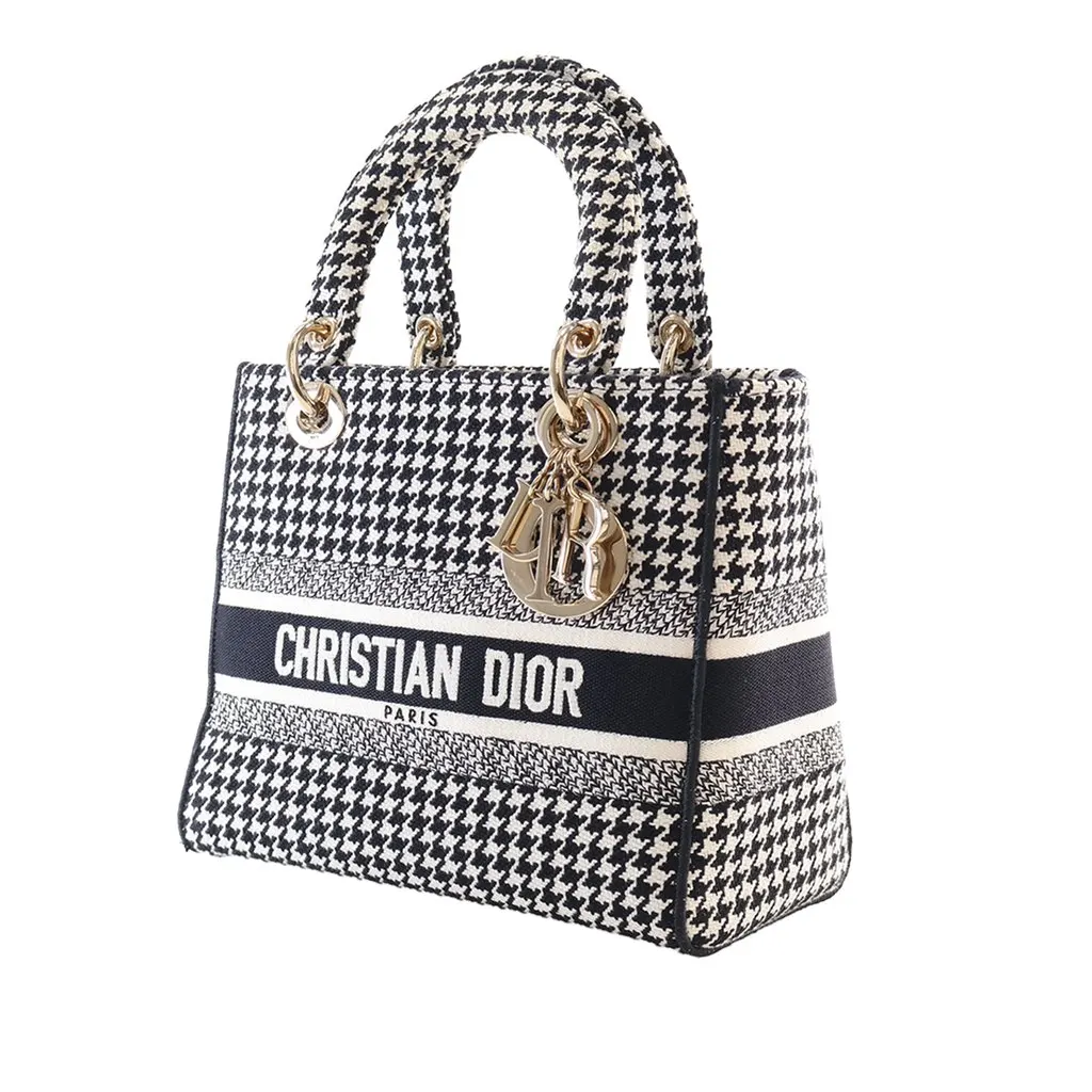 Dior Medium Embroidered Canvas Houndstooth Lady D Lite Black Very good - Back View