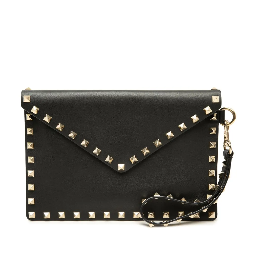 Valentino Calfskin Rockstud Envelope Flat Wristlet Clutch Black Leather Very good - Front View