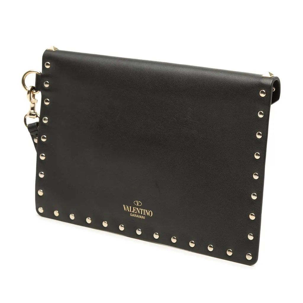 Valentino Calfskin Rockstud Envelope Flat Wristlet Clutch Black Leather Very good - Back View