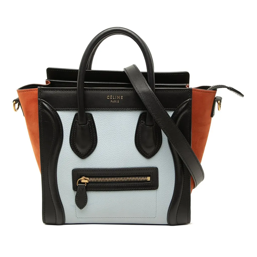 Celine Nano Tricolor Nubuck and Drummed Calfskin Luggage Tote White Leather Good - Front View