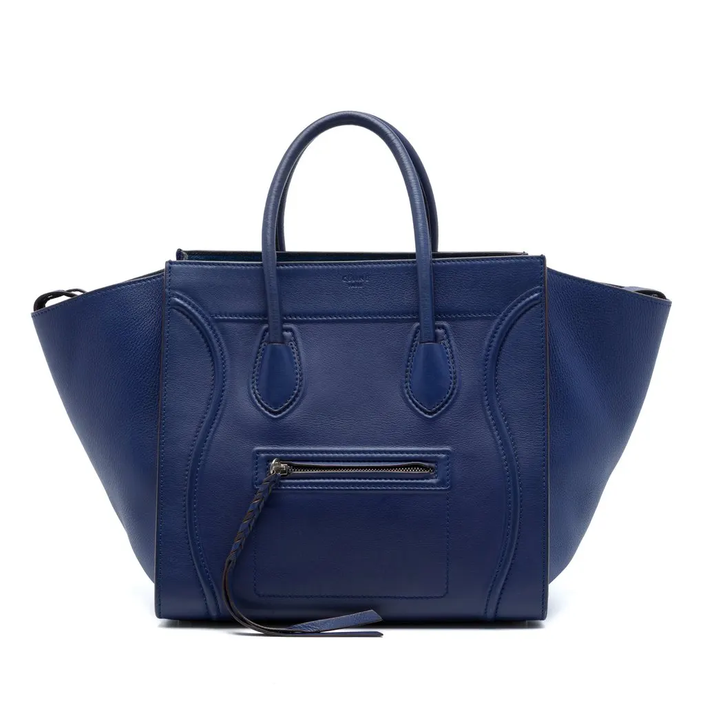 Celine Medium Grained Calfskin Phantom Luggage Tote Blue Leather Very good - Front View