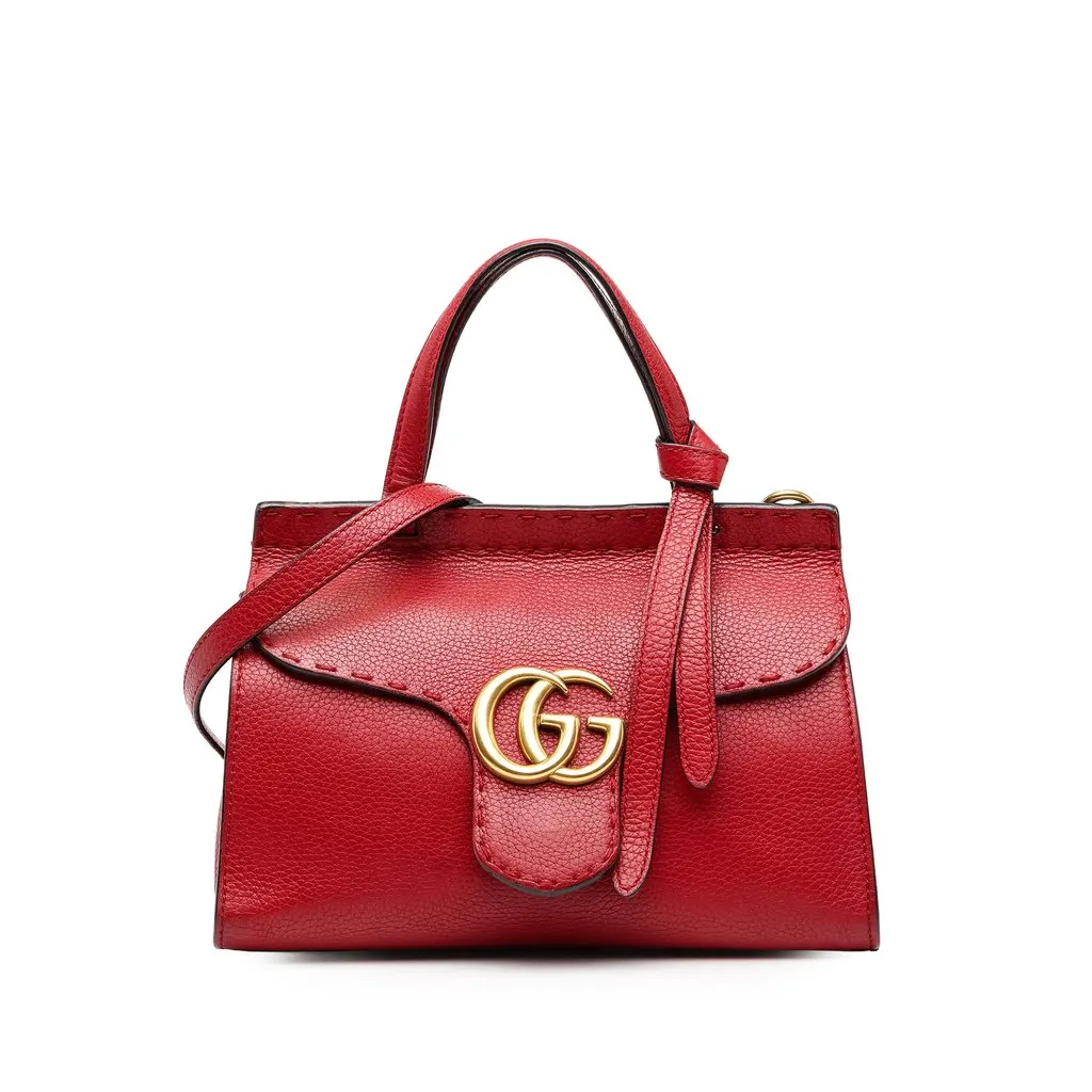 Gucci Small GG Marmont Calfskin Top Handle Satchel Red Leather Good - Front View
