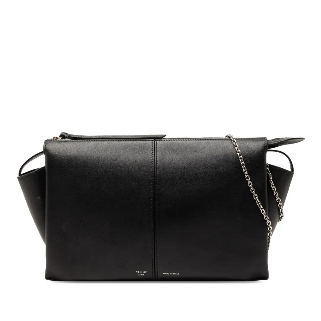 Celine Trifold Leather Clutch On Chain Black Leather Very good - Front View