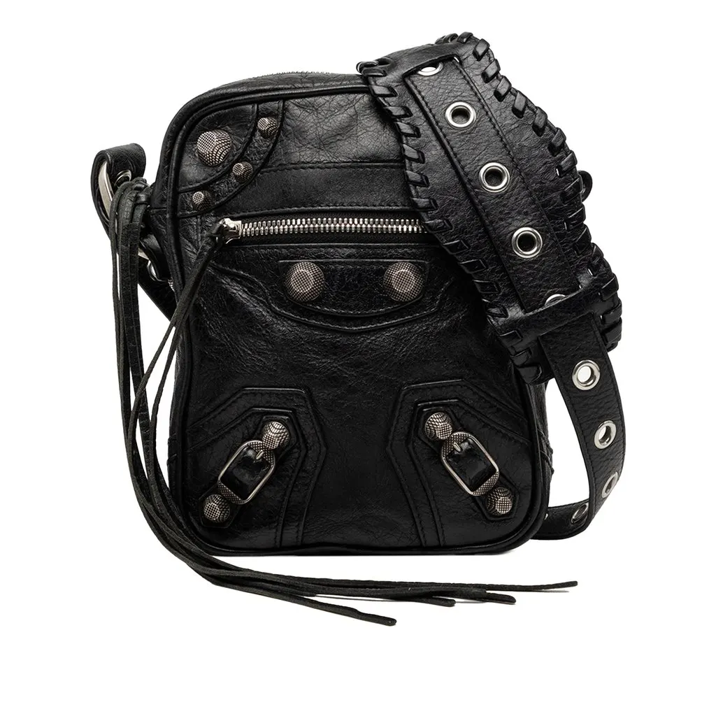 Balenciaga Lambskin Motocross Le Cagole Messenger Bag Black Leather Very good - Front View