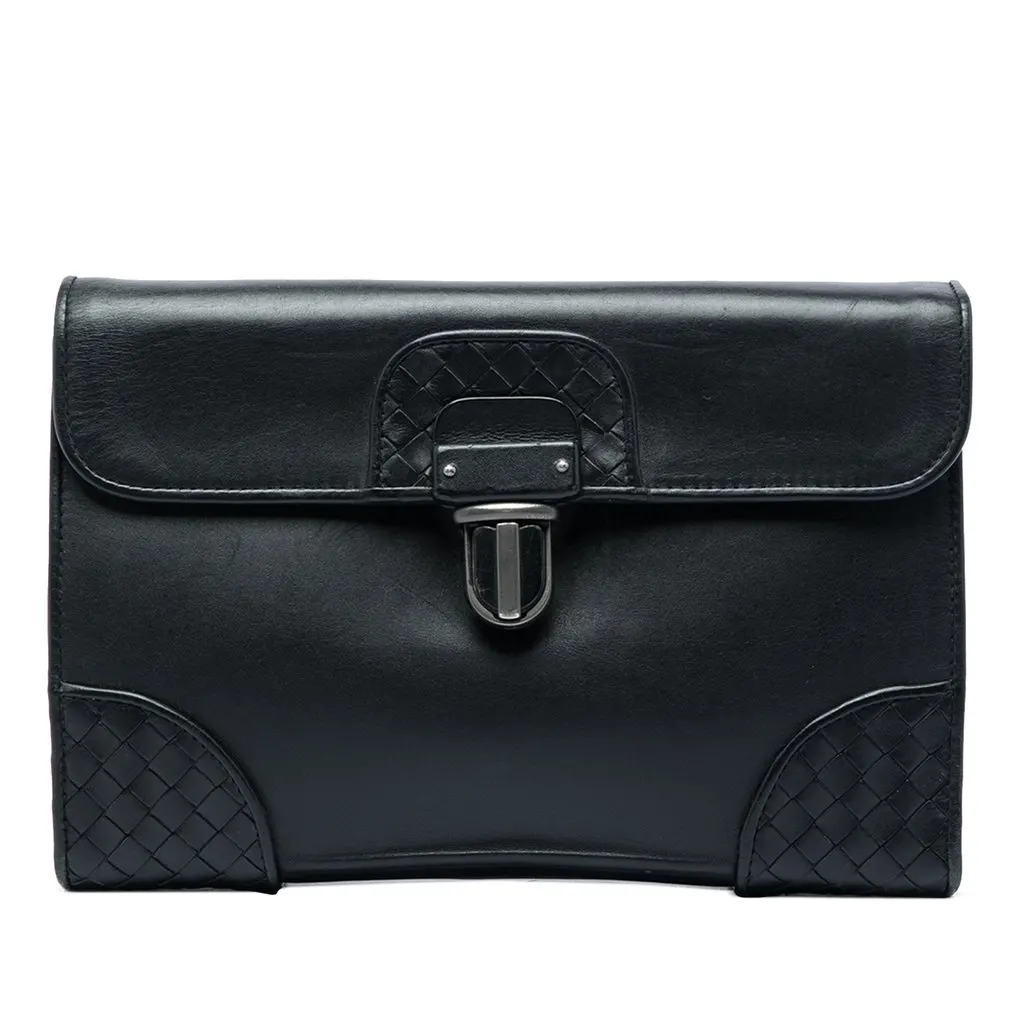 Bottega Veneta Intrecciato Trimmed Nappa Slide Lock Clutch Black Leather Very good - Front View