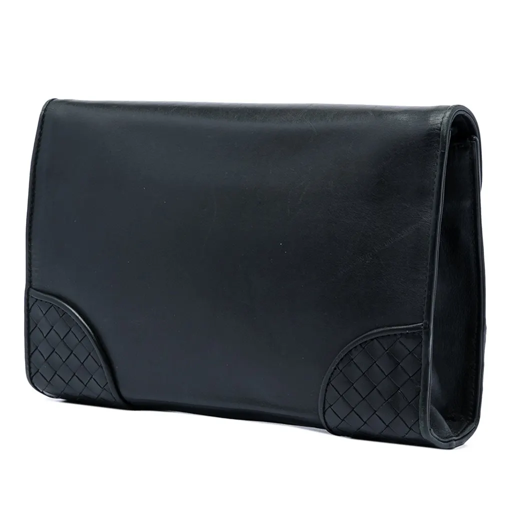 Bottega Veneta Intrecciato Trimmed Nappa Slide Lock Clutch Black Leather Very good - Back View