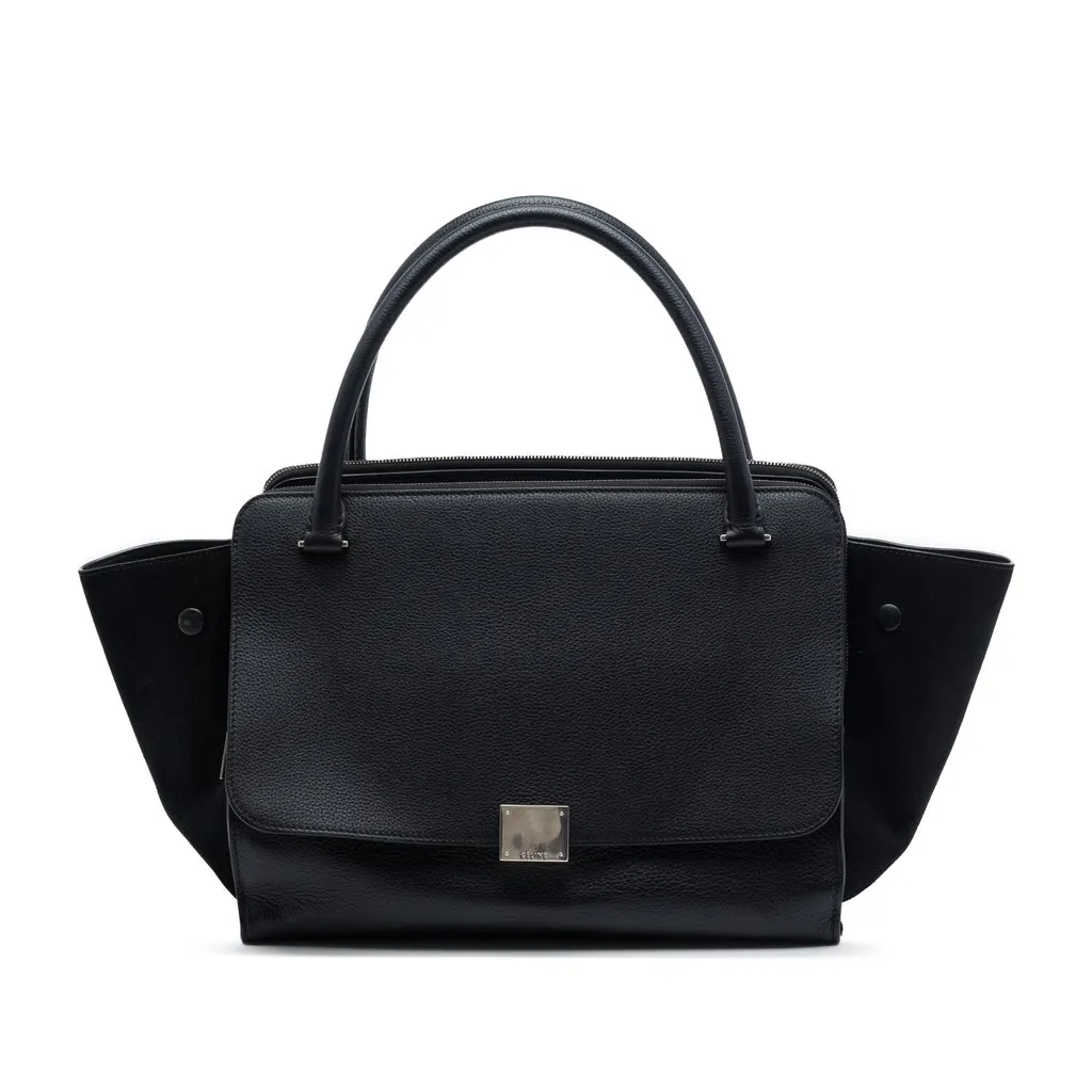 Celine Medium Drummed Calfskin and Suede Trapeze Double Zip Satchel Black Leather Very good - Front View
