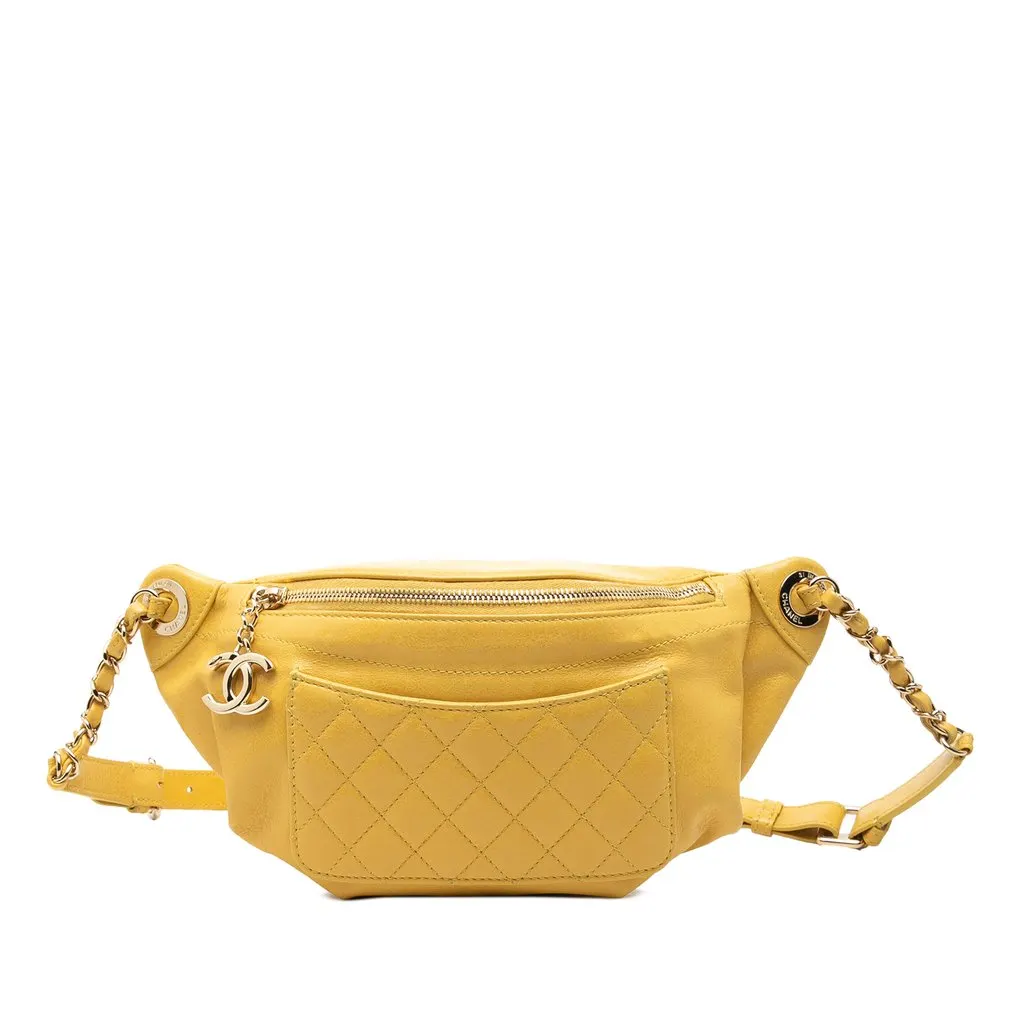 Chanel Quilted Lambskin Classic Bi Waist Bag Yellow Leather Very good - Front View