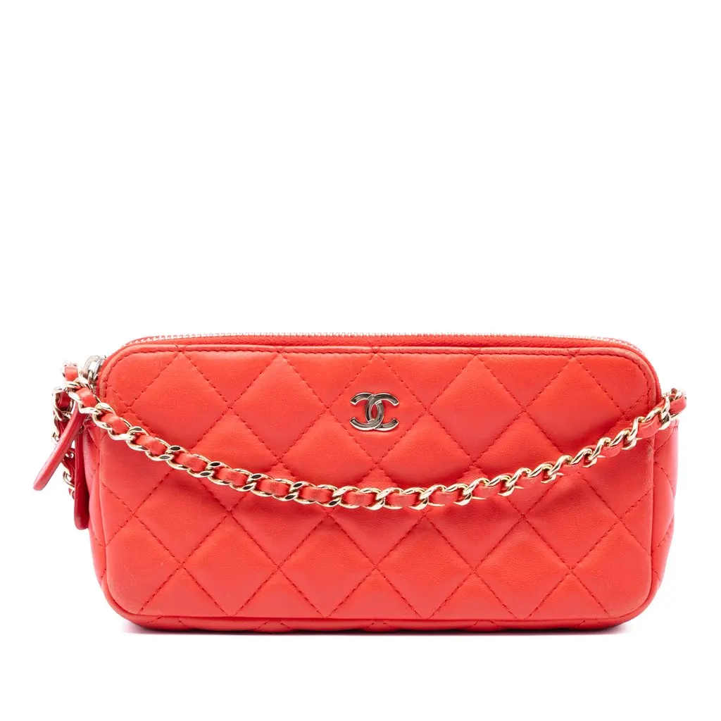 Chanel CC Quilted Lambskin Double Zip Clutch With Chain Orange Leather Very good - Front View