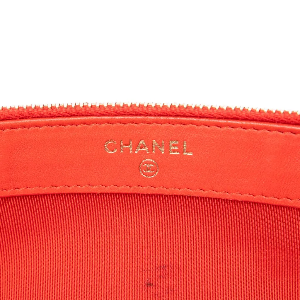 Chanel CC Quilted Lambskin Double Zip Clutch With Chain Orange Leather Very good - Box View