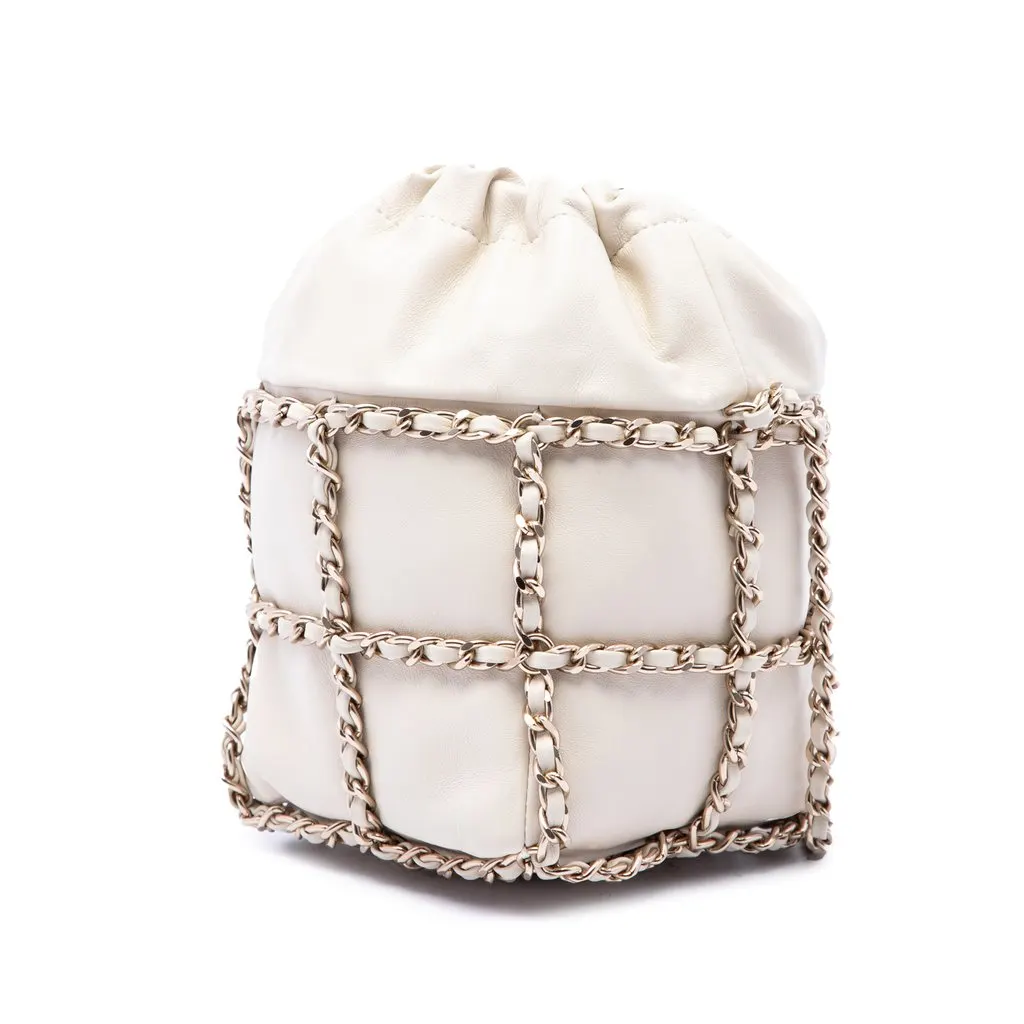 Chanel Mini Lambskin CC Chain Frame Drawstring Bucket Bag White Leather Very good - Back View