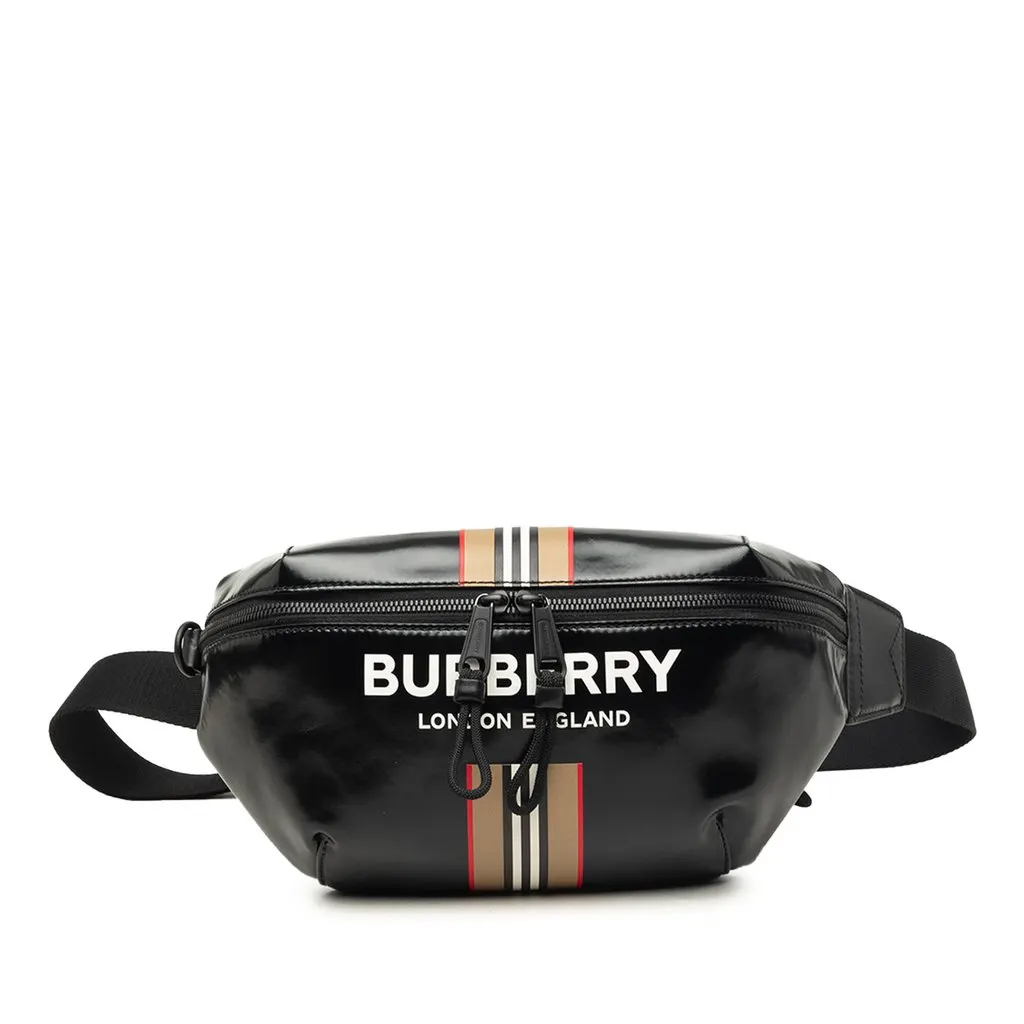 Burberry Coated Canvas Icon Stripe Sonny Belt Bag Black Very good - Front View