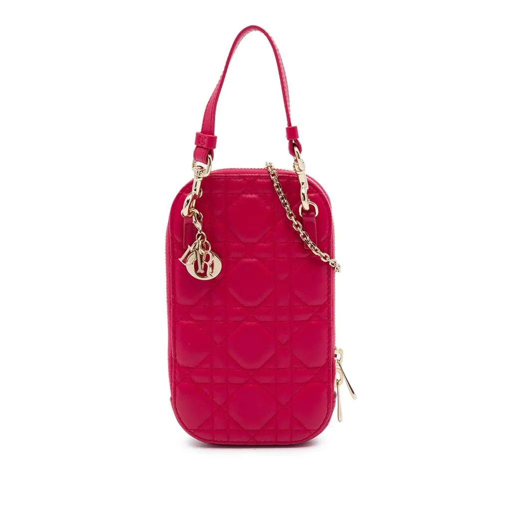Dior Lambskin Cannage Lady Dior Call in Phone Holder Red Leather Very good - Front View