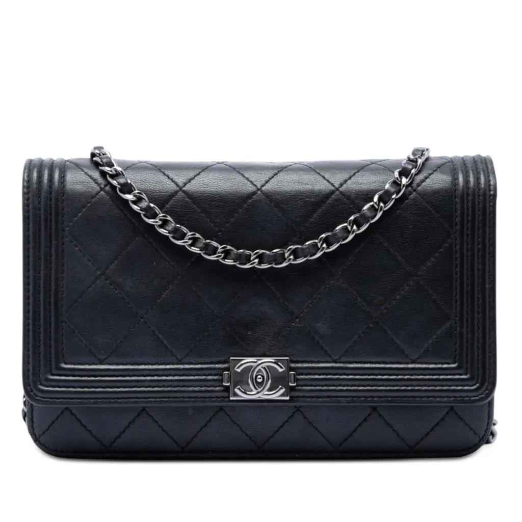 Chanel Quilted Lambskin Boy Wallet On Chain Black Leather Very good - Front View