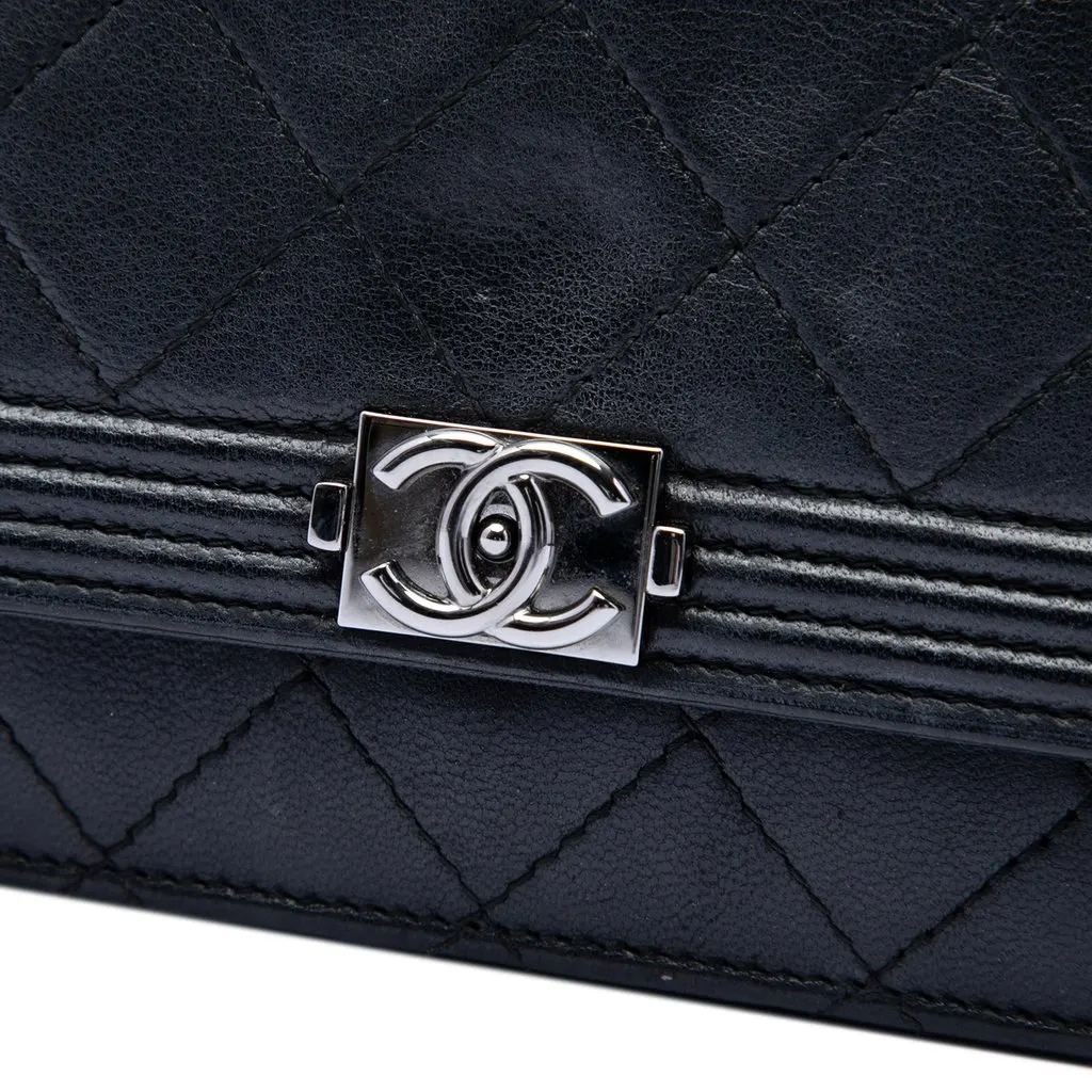 Chanel Quilted Lambskin Boy Wallet On Chain Black Leather Very good - Box View