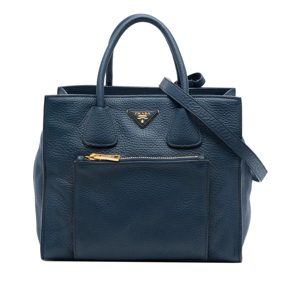 Prada Vitello Daino Front Pocket Open Convertible Tote Blue Leather Good - Front View