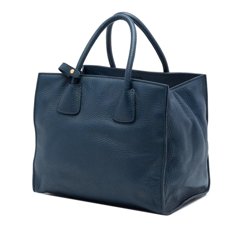 Prada Vitello Daino Front Pocket Open Convertible Tote Blue Leather Good - Back View
