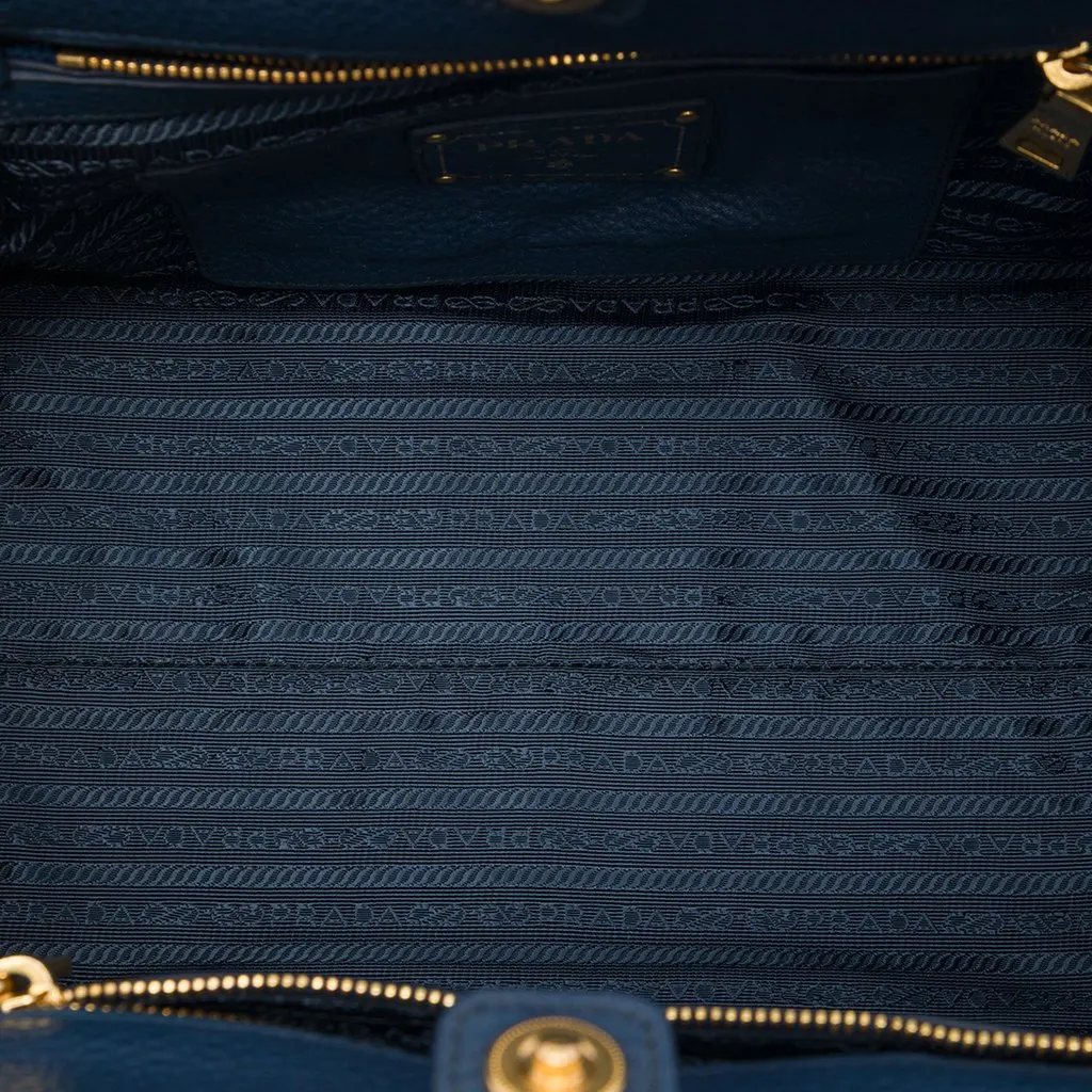 Prada Vitello Daino Front Pocket Open Convertible Tote Blue Leather Good - Model View