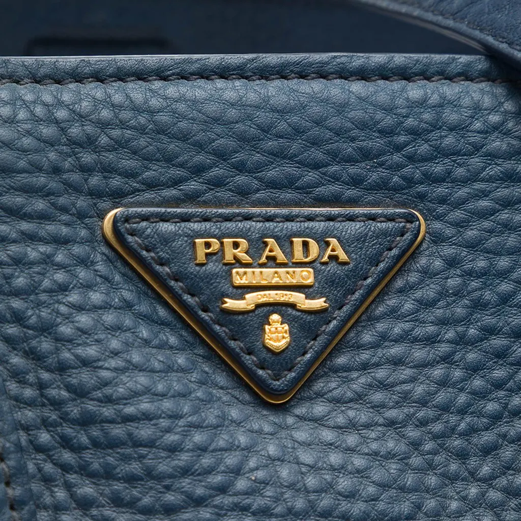 Prada Vitello Daino Front Pocket Open Convertible Tote Blue Leather Good - Box View