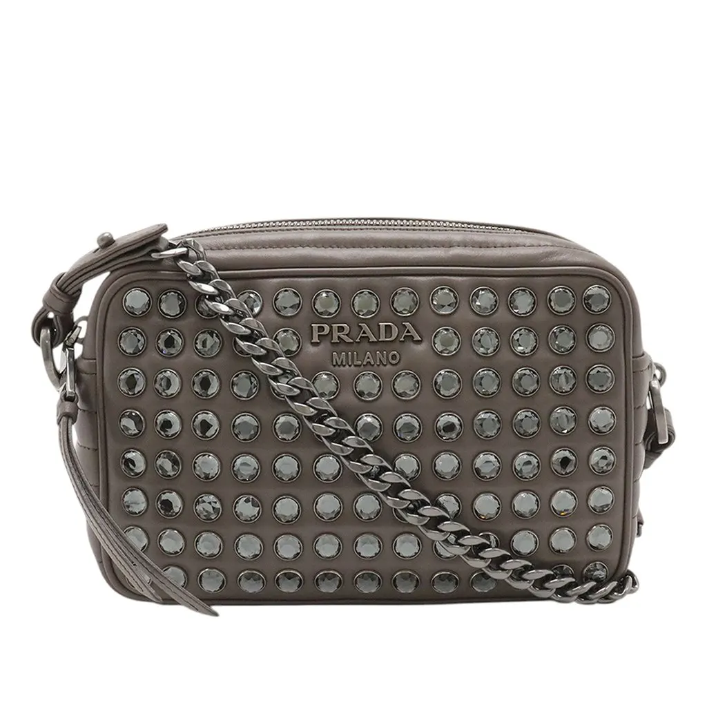 Prada Soft Calfskin Studded Diagramme Camera Bag Brown Leather Very good - Front View