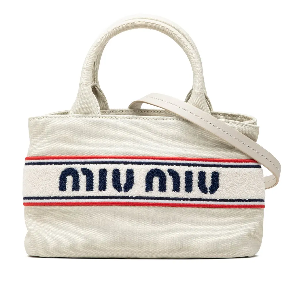 Miu Miu Cotton Trimmed Embroidered Canvas Logo Convertible Tote White Very good - Front View