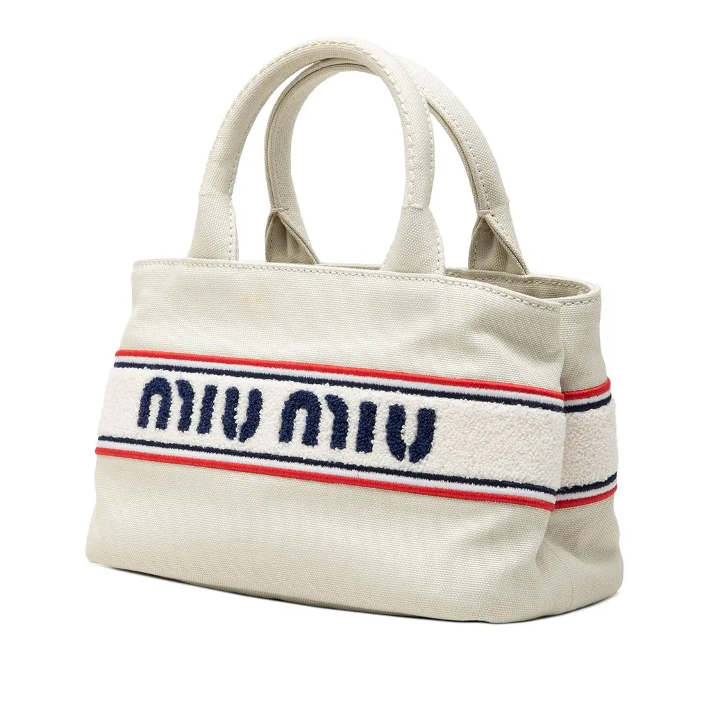 Miu Miu Cotton Trimmed Embroidered Canvas Logo Convertible Tote White Very good - Back View