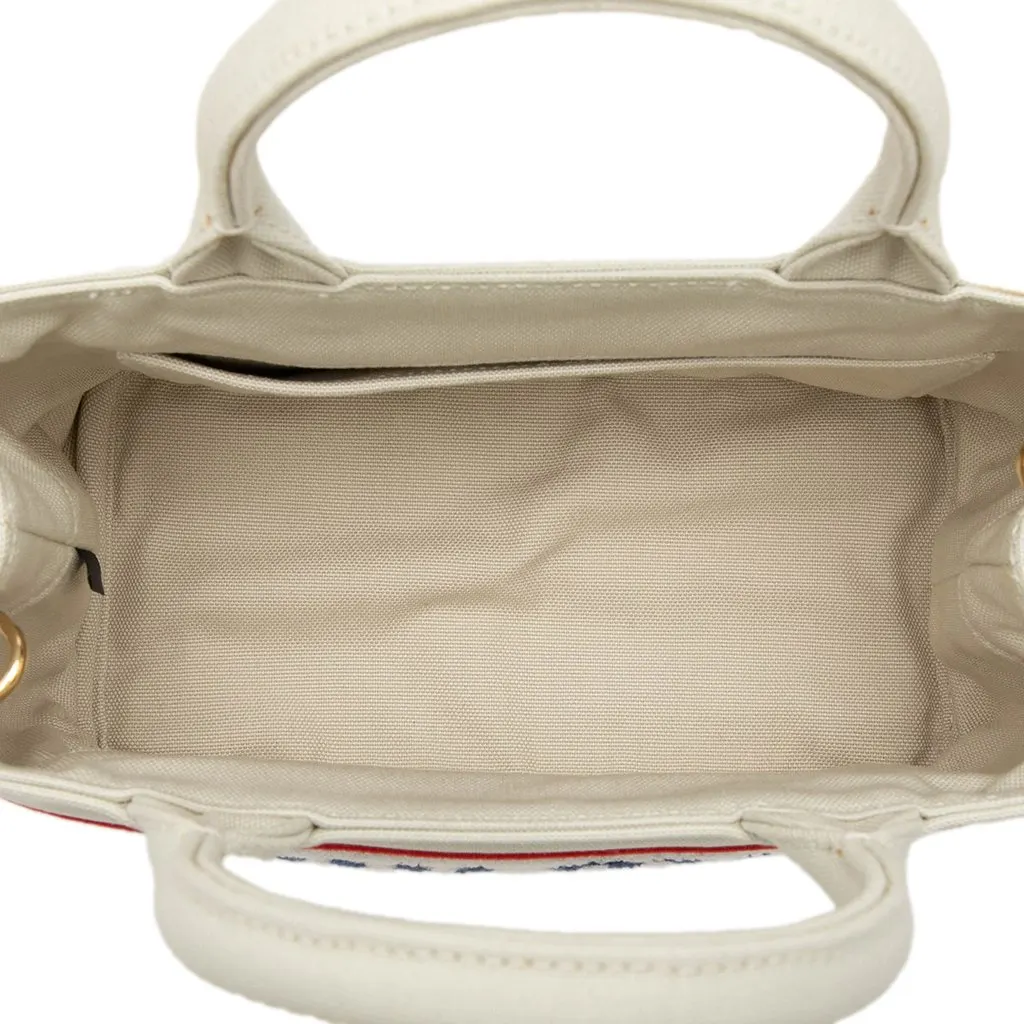 Miu Miu Cotton Trimmed Embroidered Canvas Logo Convertible Tote White Very good - Model View