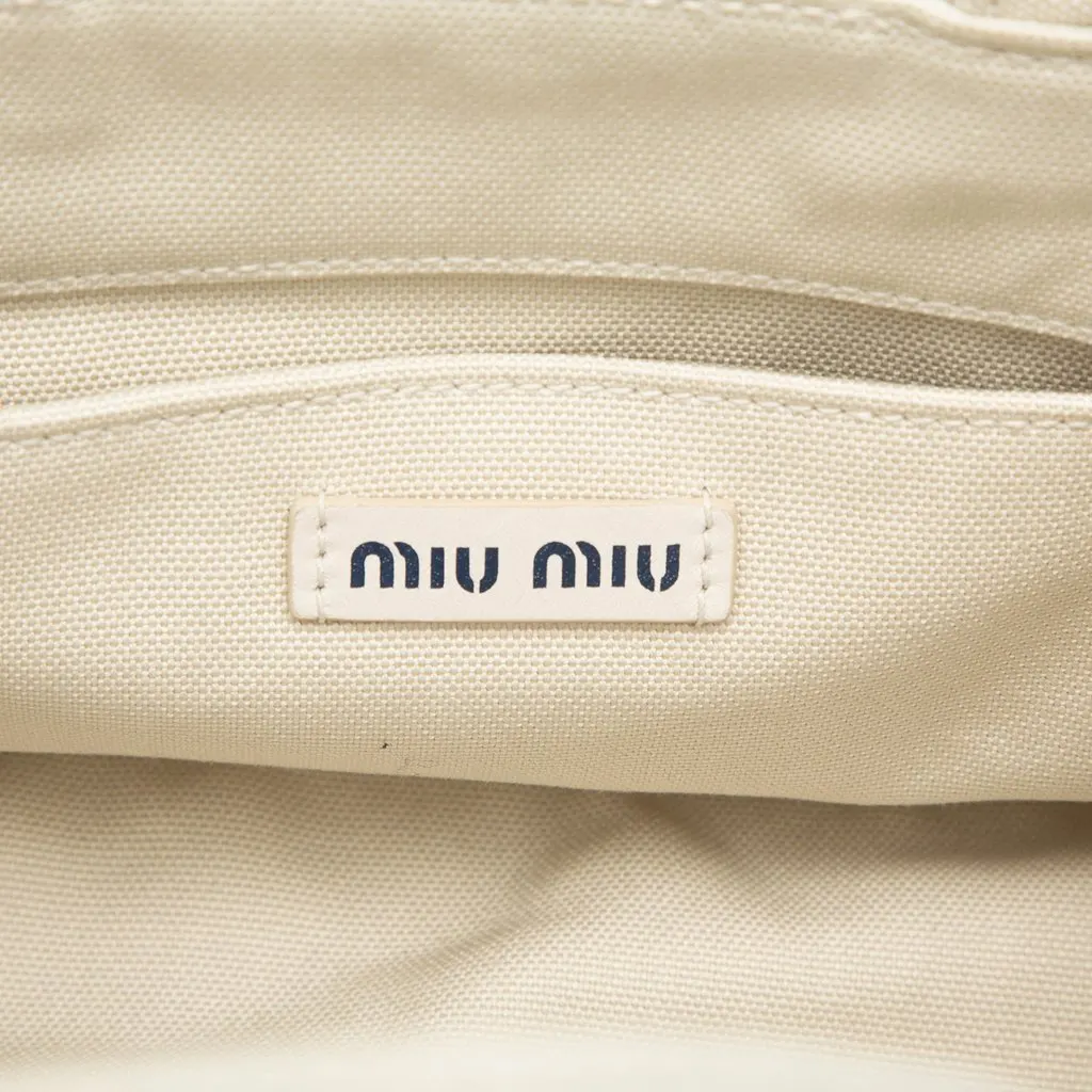 Miu Miu Cotton Trimmed Embroidered Canvas Logo Convertible Tote White Very good - Box View