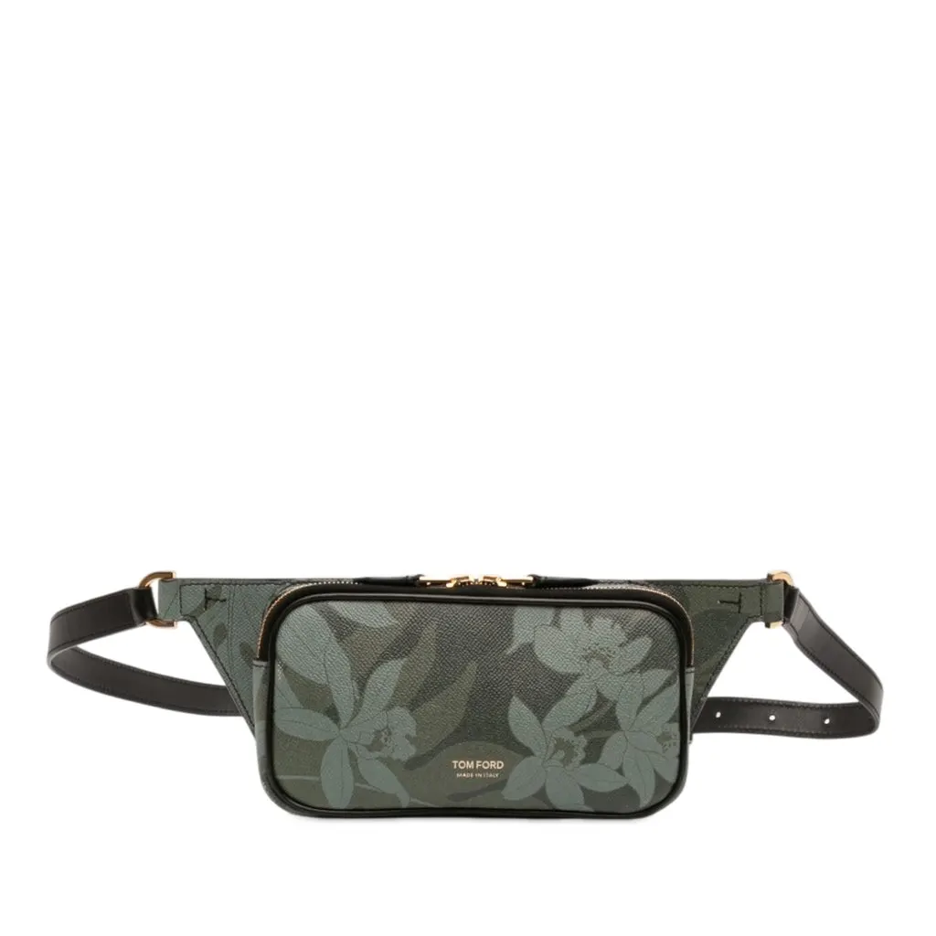 Tom Ford Leather Floral Print Belt Bag Green Leather Very good - Front View
