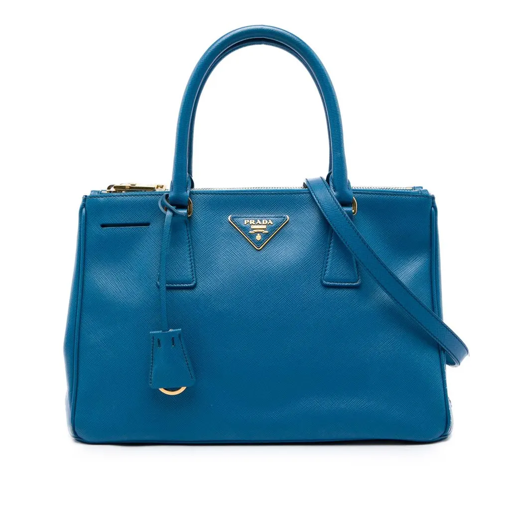 Prada Small Saffiano Lux Galleria Double Zip Satchel Blue Leather Very good - Front View