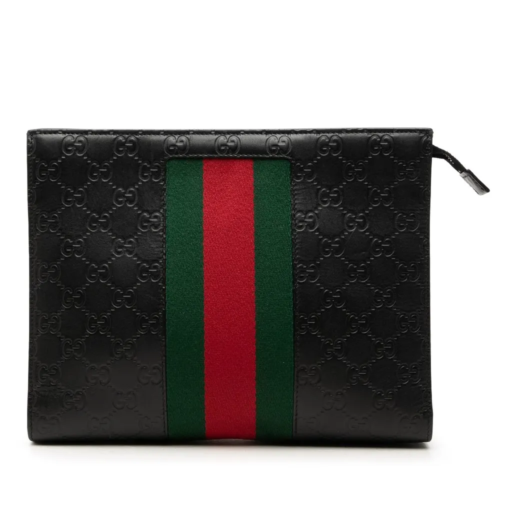 Gucci Guccissima Web Clutch Black Leather Good - Front View