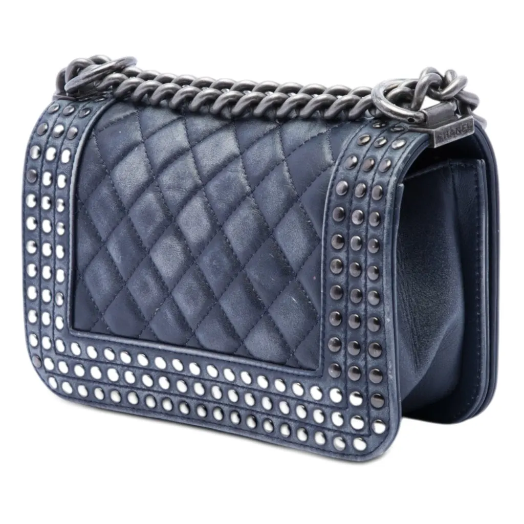 Chanel Paris Dallas Small Quilted Distressed Calfskin Studded Boy Flap Blue Leather Very good - Back View