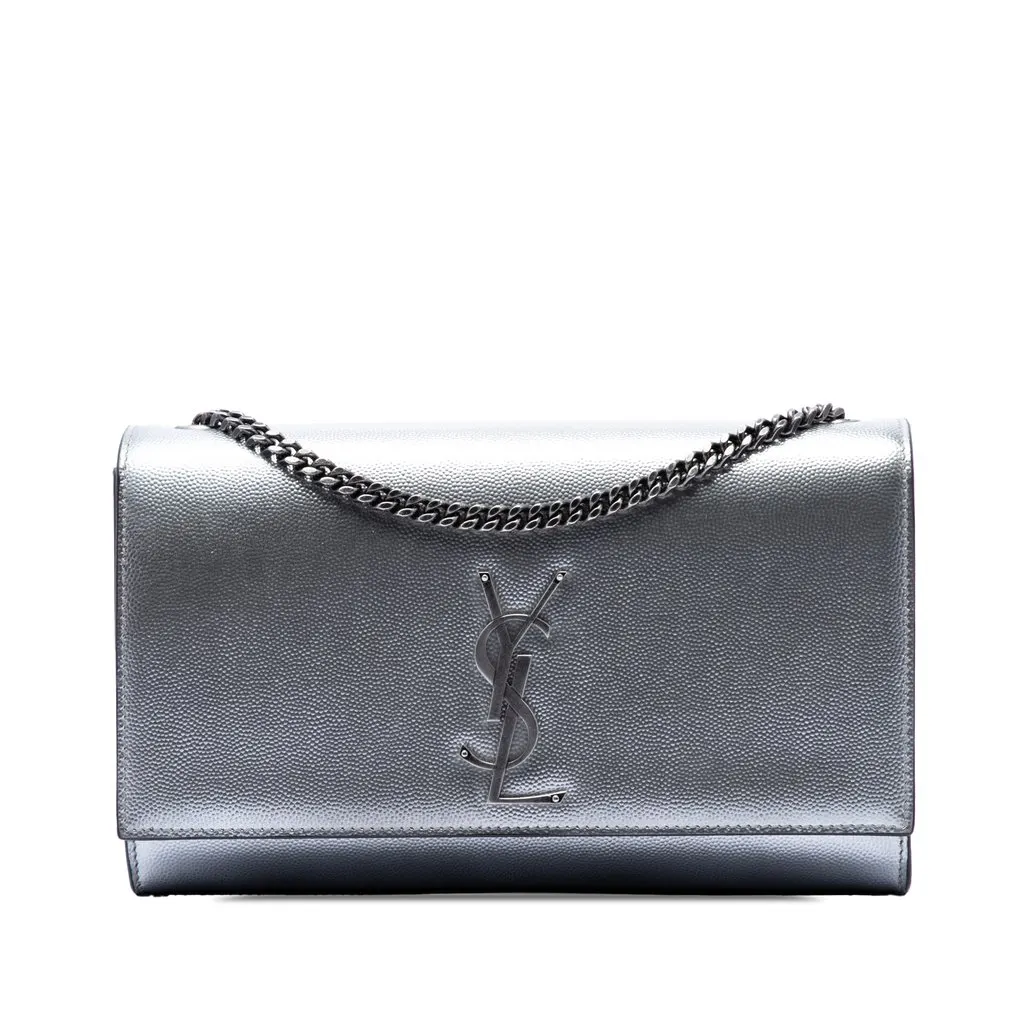 Saint Laurent Medium Metallic Grain De Poudre Monogram Kate Crossbody Silver Leather Very good - Front View