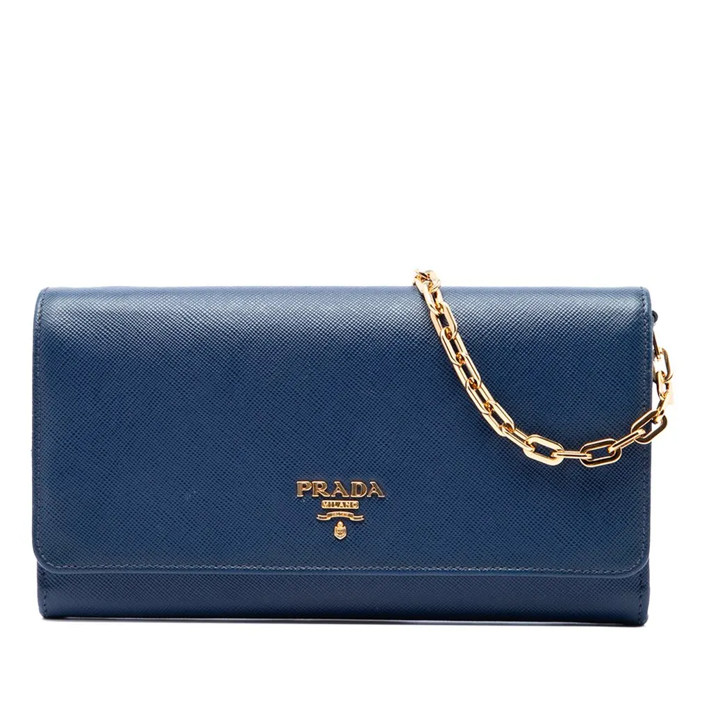 Prada Saffiano Wallet On Chain Blue Leather Very good - Front View