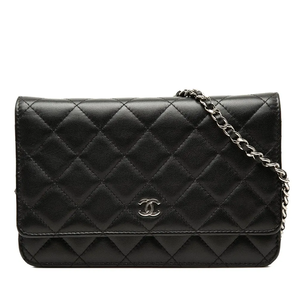 Chanel CC Quilted Lambskin Wallet On Chain Black Leather Very good - Front View