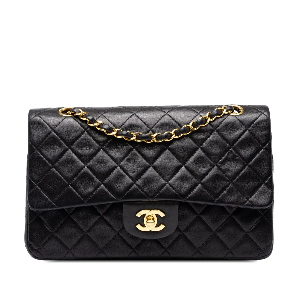 Chanel Medium Classic Lambskin Double Flap Black Leather Good - Front View