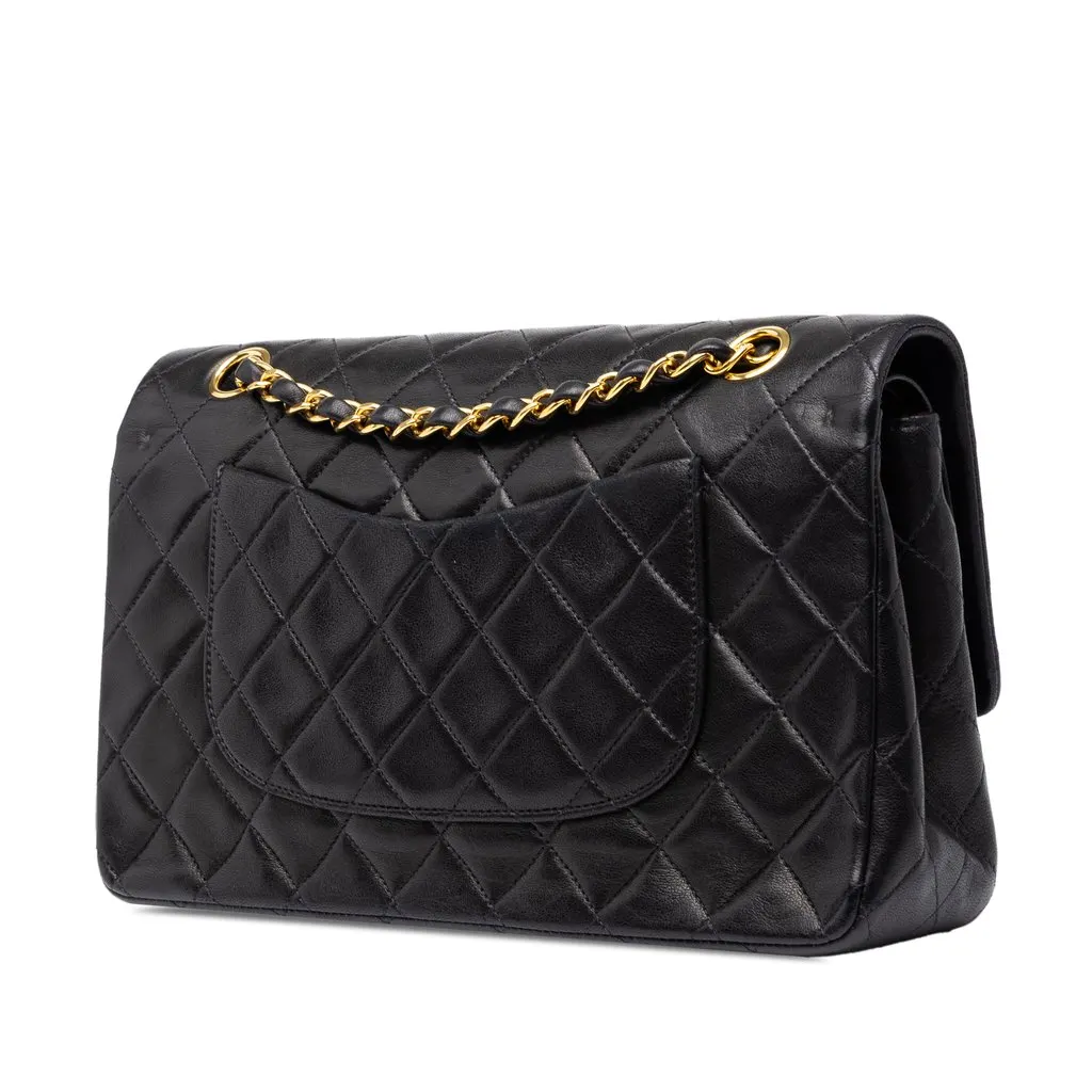 Chanel Medium Classic Lambskin Double Flap Black Leather Good - Back View