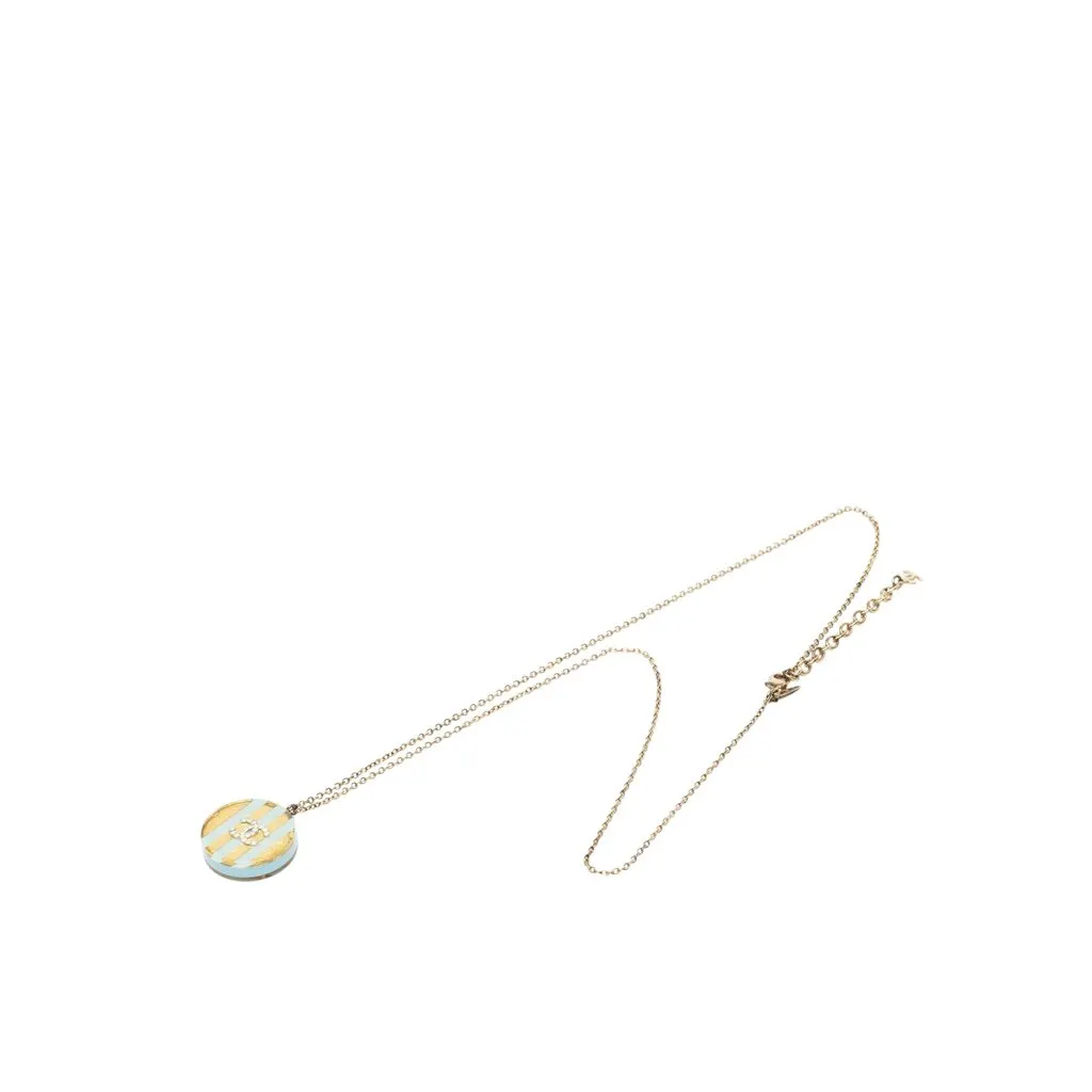 Chanel CC Gold Plated Striped Resin Strass Round Pendant Necklace Gold Metal Very good - Front View