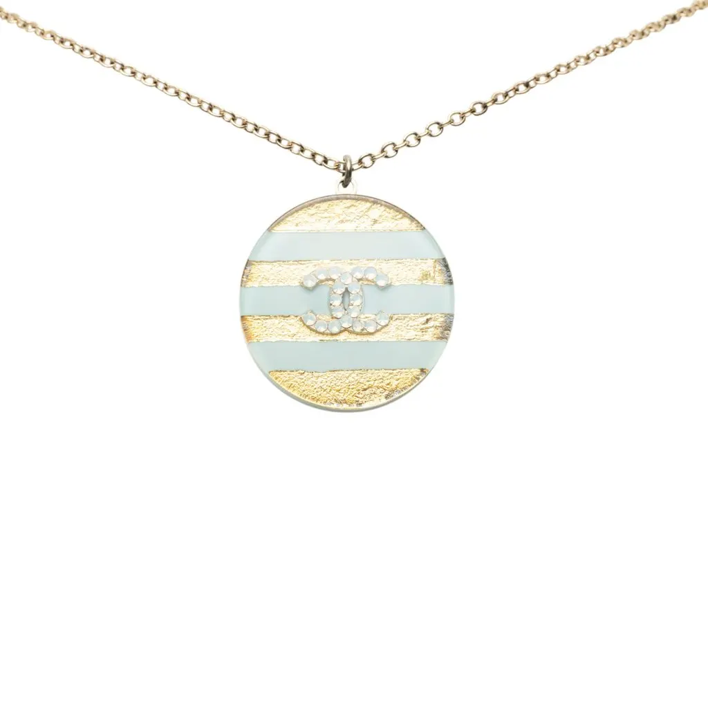 Chanel CC Gold Plated Striped Resin Strass Round Pendant Necklace Gold Metal Very good - Back View