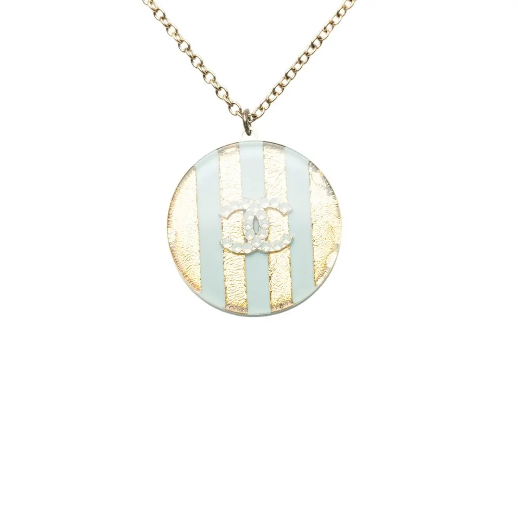 Chanel CC Gold Plated Striped Resin Strass Round Pendant Necklace Gold Metal Very good - Inside View