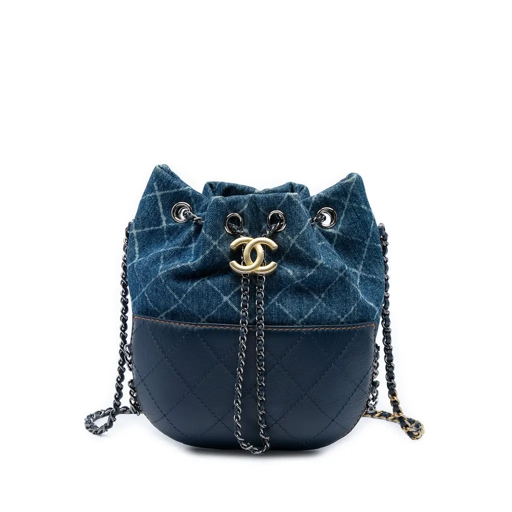 Chanel Small Printed Denim and Quilted Calfskin Gabrielle Bucket Bag Blue Denim Very good - Front View