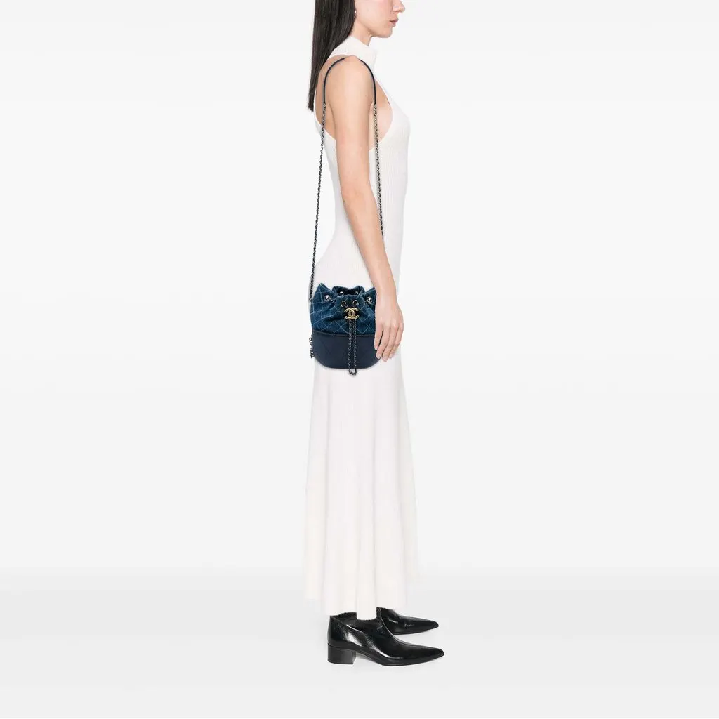 Chanel Small Printed Denim and Quilted Calfskin Gabrielle Bucket Bag Blue Denim Very good - Box View