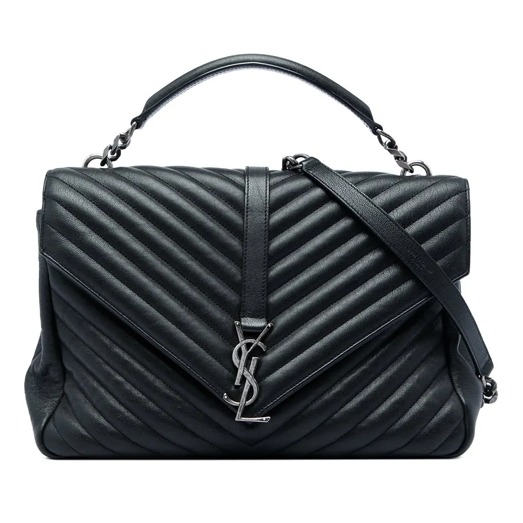 Saint Laurent Large Chevron Sheepskin Monogram College Satchel Black Leather Very good - Front View