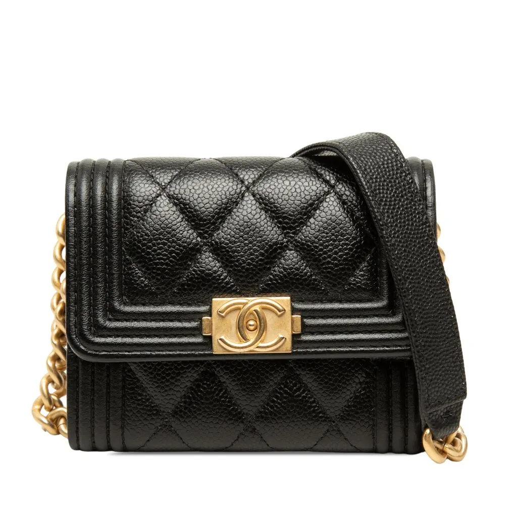 Chanel Quilted Caviar Boy Card Holder with Chain Black Leather Good - Front View