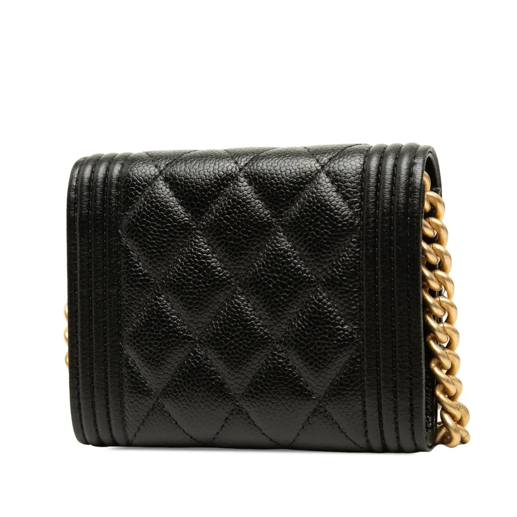 Chanel Quilted Caviar Boy Card Holder with Chain Black Leather Good - Back View